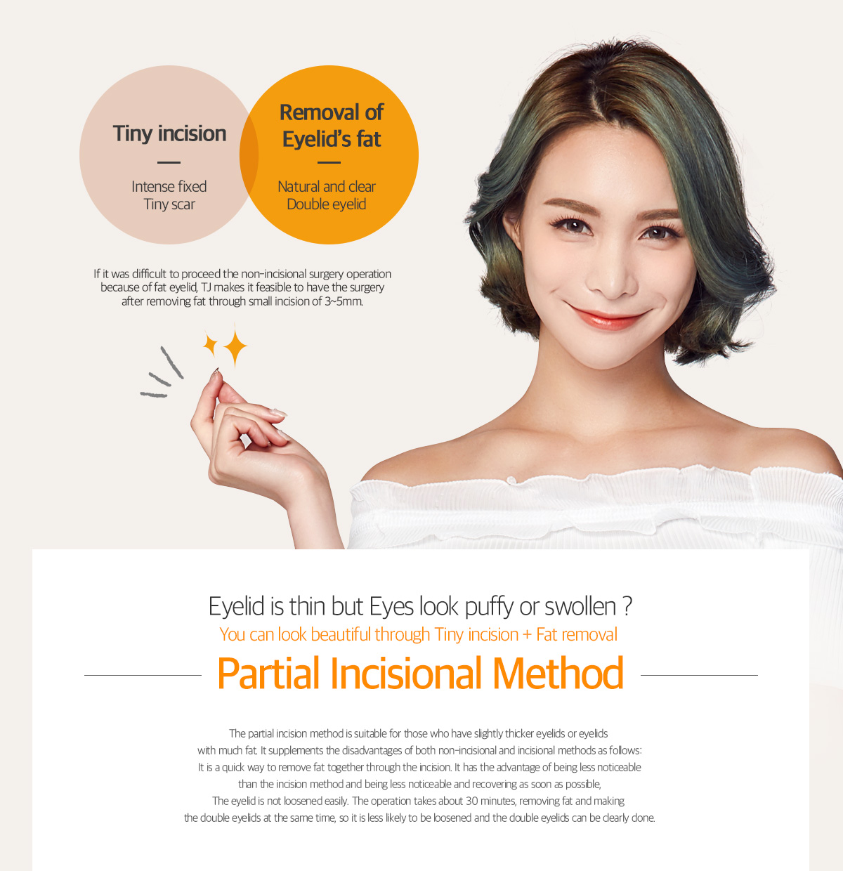 If it was difficult to proceed the non-incisional surgery operation because of fat eyelid, TJ plastic surgery makes it feasible to have the surgery after removing fat through small incision of 3~5mm.